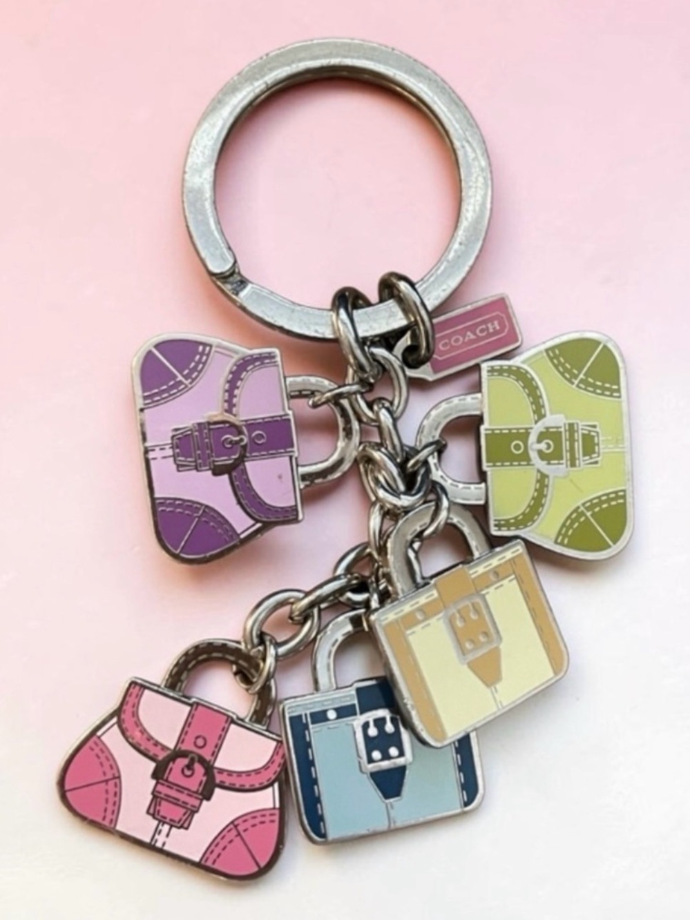 Coach Pastel Multi-Charm Enamel Keychain — Pink, Purple, Green, Blue, Yellow